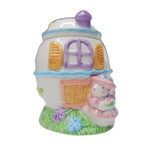 Vintage Ceramic Easter Cottage Egg Container Candy Holder Girl Bunny Rabbit Box